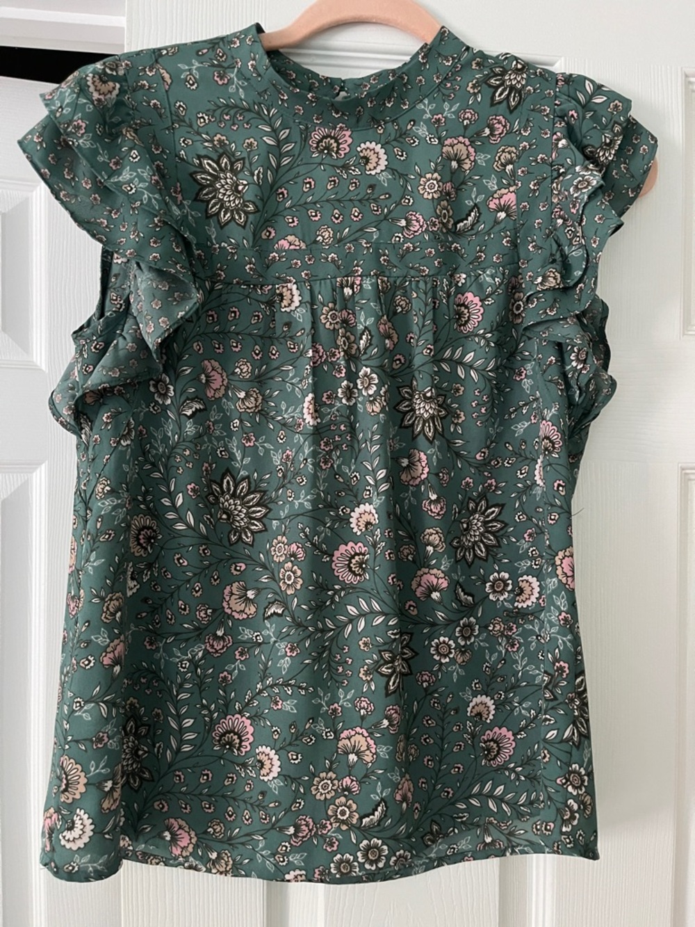 DR2 Green Floral Ruffle Sleeve Blouse